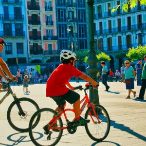 A couple of people riding bikes down a street